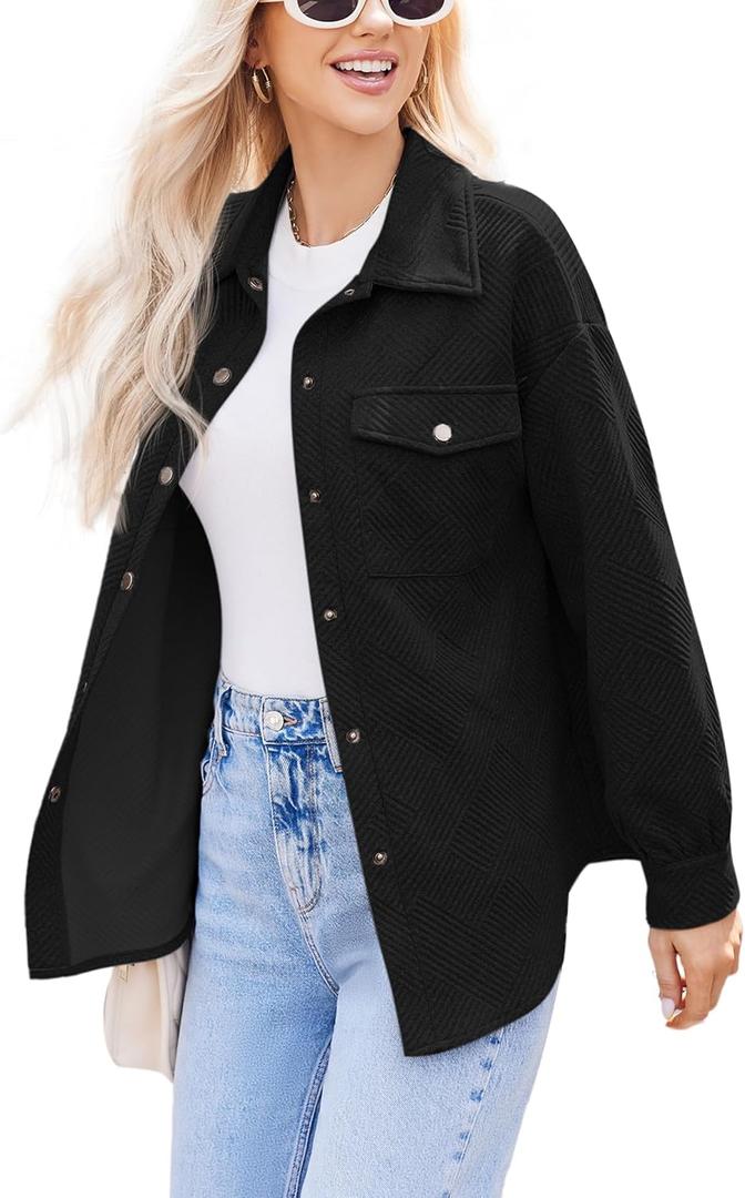 Women Shacket Jacket with Pockets Casual Fall Coat Long Sleeve Shirts Button Down Collared Winnter Clothes (Medium, Black)