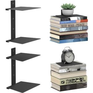 Mefirt Invisible Floating Bookshelves for Wall, 4 Tier Vertical Spine Book Tower, Heavy Duty Floating Book Shelves Black Metal Book Organizers for Home Office, 2 Pack(Black)