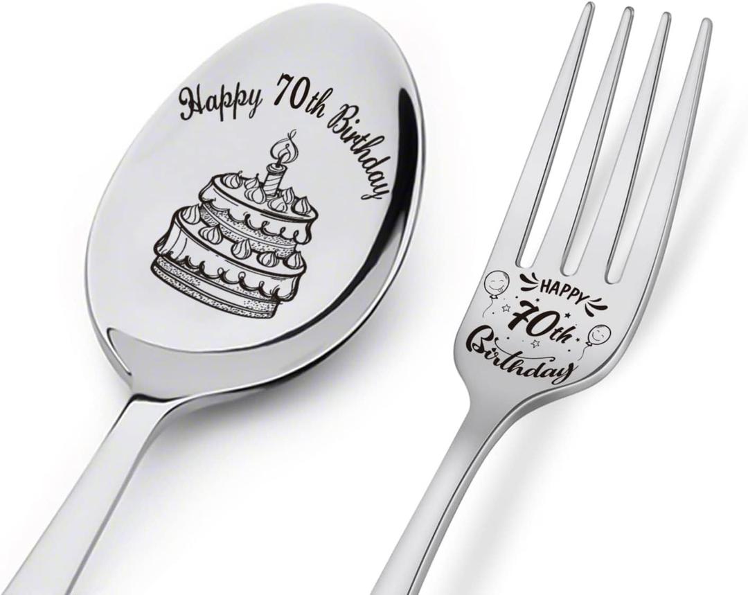 Happy 70th Birthday Spoon&Fork Gifts Engraved Spoon&Fork Personalized Birthday Gifts for Father Mother Grandpa Grandma Family Elders Friends