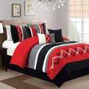 Chezmoi Collection Arden 7-Piece Modern Pleated Stripe Embroidered Zigzag Bedding Comforter Set (King, Red/Black/Gray/Off-White)