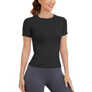MathCat Short Sleeve Workout Tops for Women, Seamless Workout Shirts for Women, Yoga Athletic Shirts Soft Gym Tops (Medium, Black)