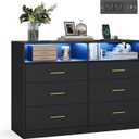 VASAGLE Custos Collection - Dresser for Bedroom, with LED Lights and Power Strip, Chest of Drawers, Modern, TV Stand for Living Room, 6 Drawers, 15.8 x 46.9 x 32 Inches, Ink Black ULTS316BC01S