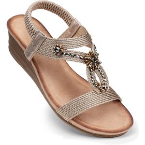 SHIBEVER Womens Wedge Sandals Flower Low Heel Dressy Sandals Elastic Ankle Strap Rhinestone Summer Comfortable Shoes (9, 2657-champagne)