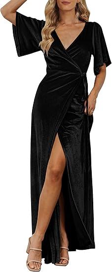 MEROKEETY Women's V Neck Wrap Velvet Maxi Wedding Guest Dress Bell Sleeve Split Bridesmaid Cocktail Party Formal Dresses M