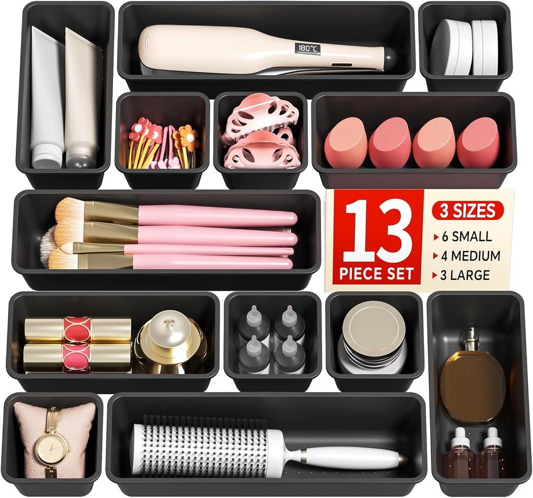 Canfanni 13 Pack Plastic Drawer Organizers Set, 3 Sizes Desk Drawer Organizer Trays for Vanity and Makeup Organizer, Organization and Storage for Makeup, Kitchen Utensils, Bathroom and Office(Black)