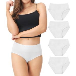 DAVID ARCHY Cotton High Waisted Underwear for Women Tummy Control Panties Full Coverage Briefs 4 Pack Regular & Plus Size (Large, Belted Style White)