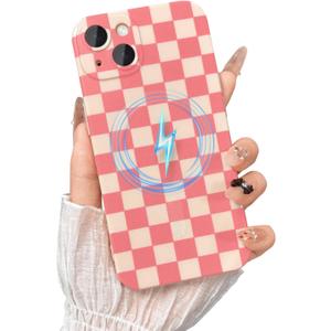 TKJSQ Magnetic for iPhone 14 Plus Case, Cute Checkerboard Checkered Pattern Aesthetic Gloss Phone Case with Full Lens Protection, Stylish Slim Soft TPU Protective Cover for iPhone 14 Plus, Pink