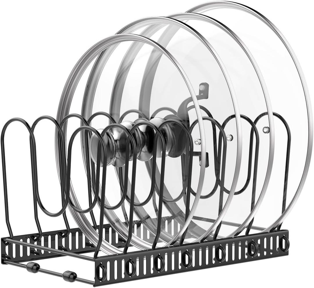 Pot and Pan Organizer Rack for Cabinet, Pot Lid Organizer with 7 Adjustable Dividers, Pan Holder Storage Rack for Kitchen Cabinet, Black
