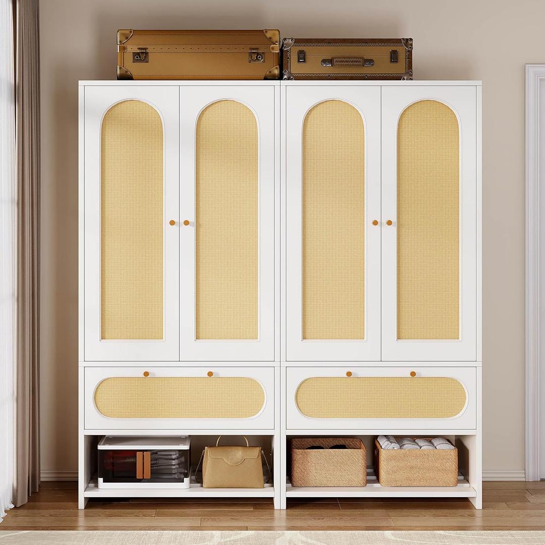 YITAHOME Rattan Wardrobe Closet Set of 2 70" Tall Rattan Armoire with Doors, Large Storage Cabinet with Drawers & Hanging Rod-White