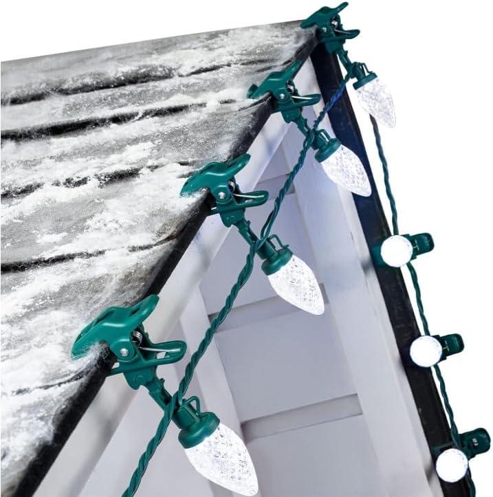 C9 LED Christmas Lights Outdoor with 100 Spring Clips, 65FT 100 LED C9 String Lights Waterproof Connectable for Roofline Patio House Yard Windows Indoor Outdoor Christmas Decorations, White 2 Pack
