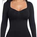 ONEW Shapewear Tummy Control Long Sleeve Shirts For Women Seamless V Neck Compression Shirt Slimming Body Shaper, L