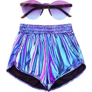 Mirawise Women's Metallic Shorts Summer Yoga Hot Shiny Sparkly Outfit Short Pants with Sunglasses (Medium, Mermaid-2)