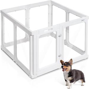 Clear Dog Playpen Indoor, 24" Acrylic Plastic Pet Play Pen with Door, Playpen for Puppy Cat Rabbit Ferret, Easy to Install Preferable Playpen for Small Dogs, Customizable, White 8 PCS