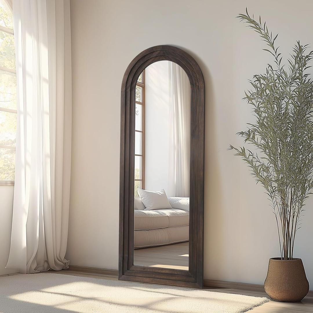 MELOMOIR Arched Full Length Mirror with Solid Wood Frame, 56"x21" Rustic Farmhouse Floor Mirror with Stand, Free Standing Leaning Hanging, for Bedroom Living Room Dressing Room Entryway, Brown