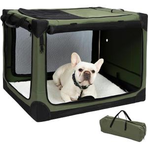 Pettycare Portable Travel Dog Crate 4-Door Soft Sided 30 Inch Collapsible Dog Crate with Curtains Durable Mesh Foldable Pet Kennel Soft Crates for Medium Dogs Indoor & Outdoor Olive Green