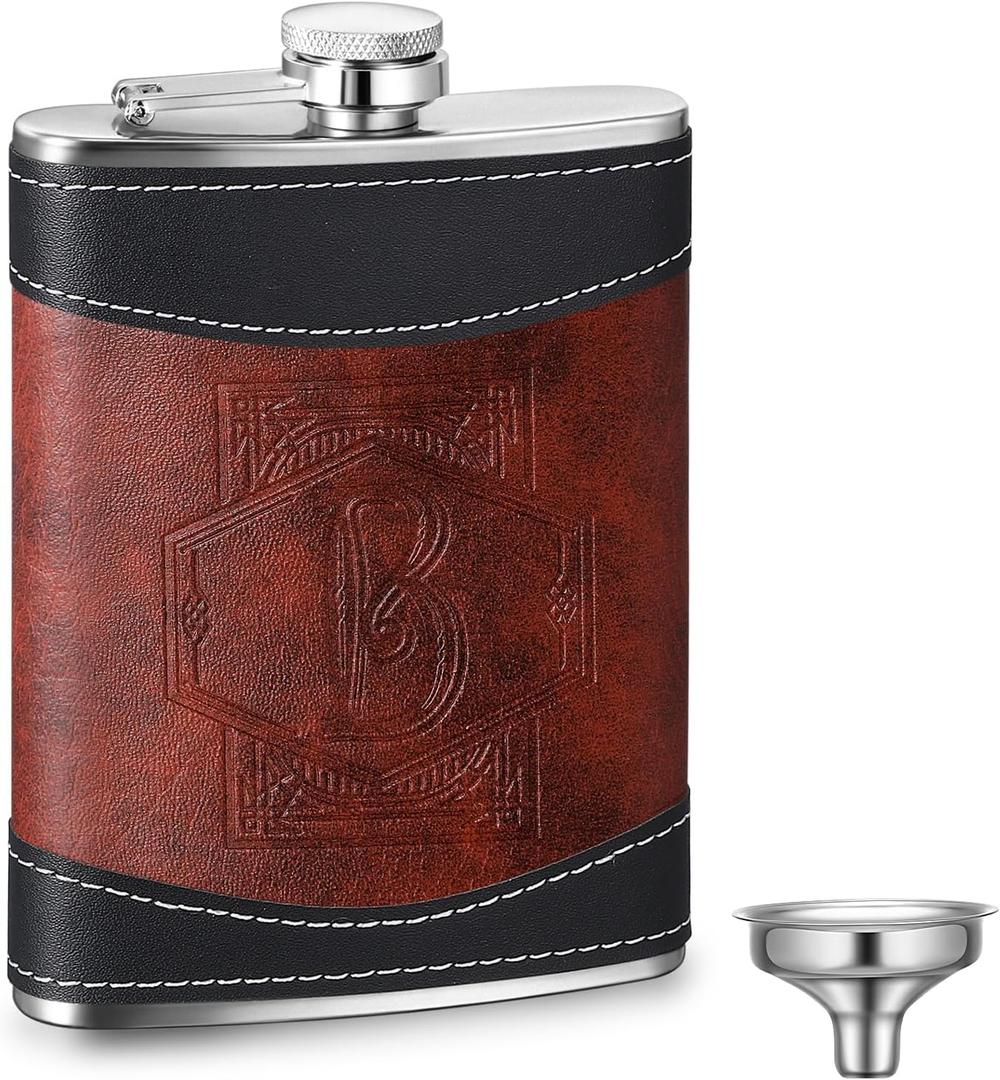 Baderke Personalized Groomsmen Flask 8 oz Stainless Steel Monogram Hip Flask for Men Leather Birthday Gift for Dad Grandpa Wedding(Letter B)