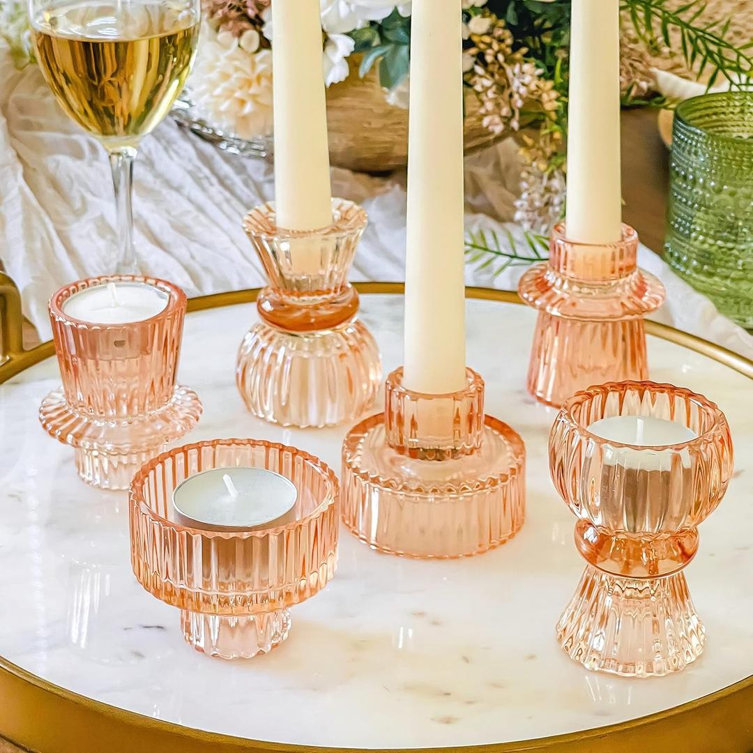 Kate Aspen Vintage Ribbed Glass Black Candlestick Holders, Pillar Candle, Tealight & Votive Candle Holders (Set of 6, 3 Assorted Sizes), Dining Table Decor, Shelf Decor, Centerpiece (Rose Gold)