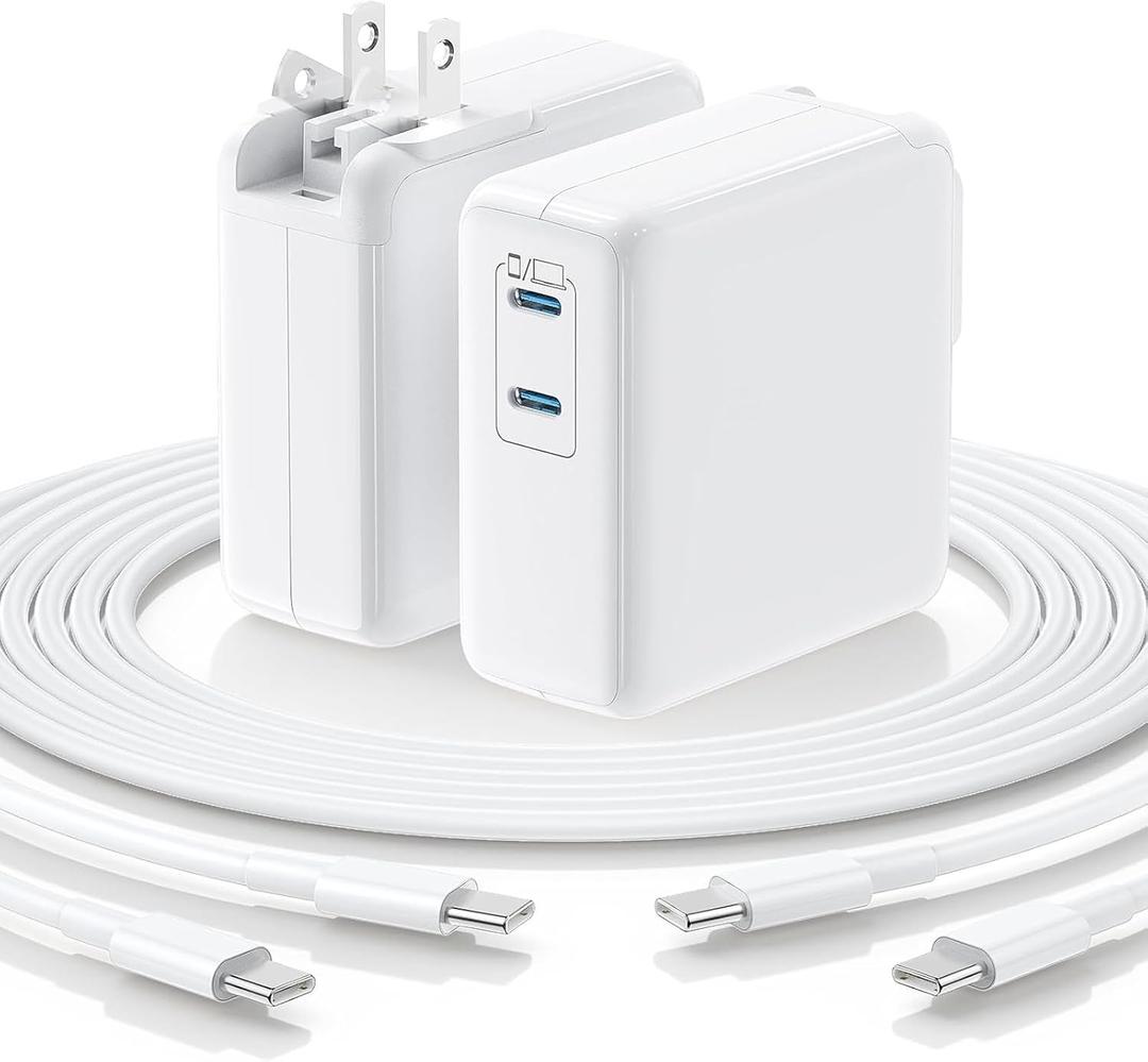 Essri MacBook Pro Charger,75W USB C Charger 2Pack with Foldable Plug,Dual 75W Ports Fast Charging for MacBook Pro Air,iPad Pro,iPhone 17/16/15,Includes 6FT+10FT USB C to C Cables - White