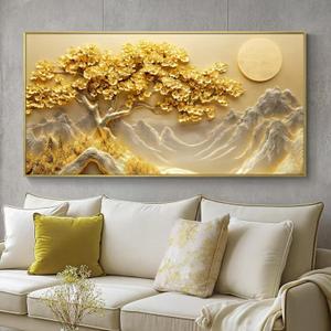 BirdSuite Gold Framed Golden Money Tree Wall Art, 3D Effect Mountain Landscape Canvas Print, Ready to Hang Wall Decor for Living Room Bedroom Office Dining Room Entryway-48 x24