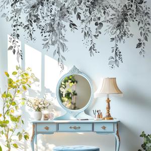 Gray Plants Leaves Wall Decals Peel and Stick, Large Floral Flowers Vinyl Wall Stickers, Removable Vine Home Decor Art for Bedroom Living Room Classroom Office