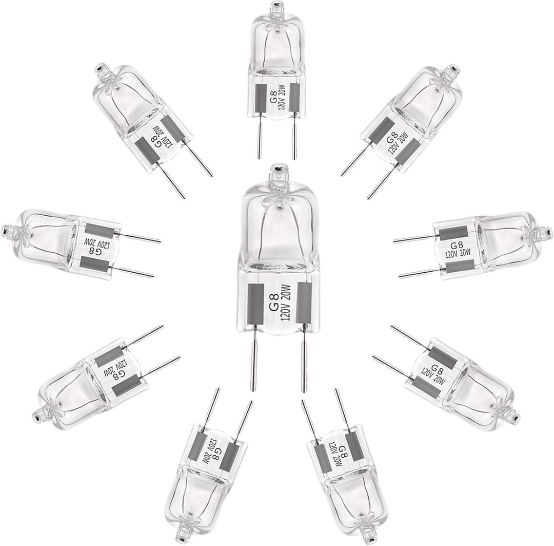 YBEK G8 Halogen Light Bulbs 20W 120V Under Cabinet Lighting Replacements 2Pin 2700K Warm White (Pack of 10)