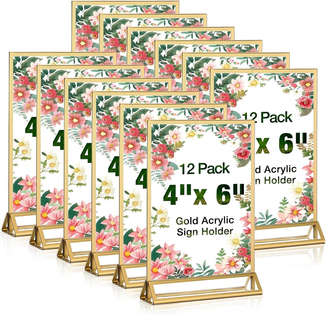 RETON 12 Pack Acrylic Sign Holder, 4x6 Clear Gold Frame Display Stand, Double Sided Picture Menu Flyer Holders, Wedding Table Number Frames for Cards Photo Party Decoration (4" x 6")