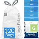 Reli. SuperFit Code G (120 Count) | Compatible with Simplehuman Code G | Dispenser Pack Custom Fit Liners | Drawstring Trash Bags | 30 Liter / 8 Gallon | White