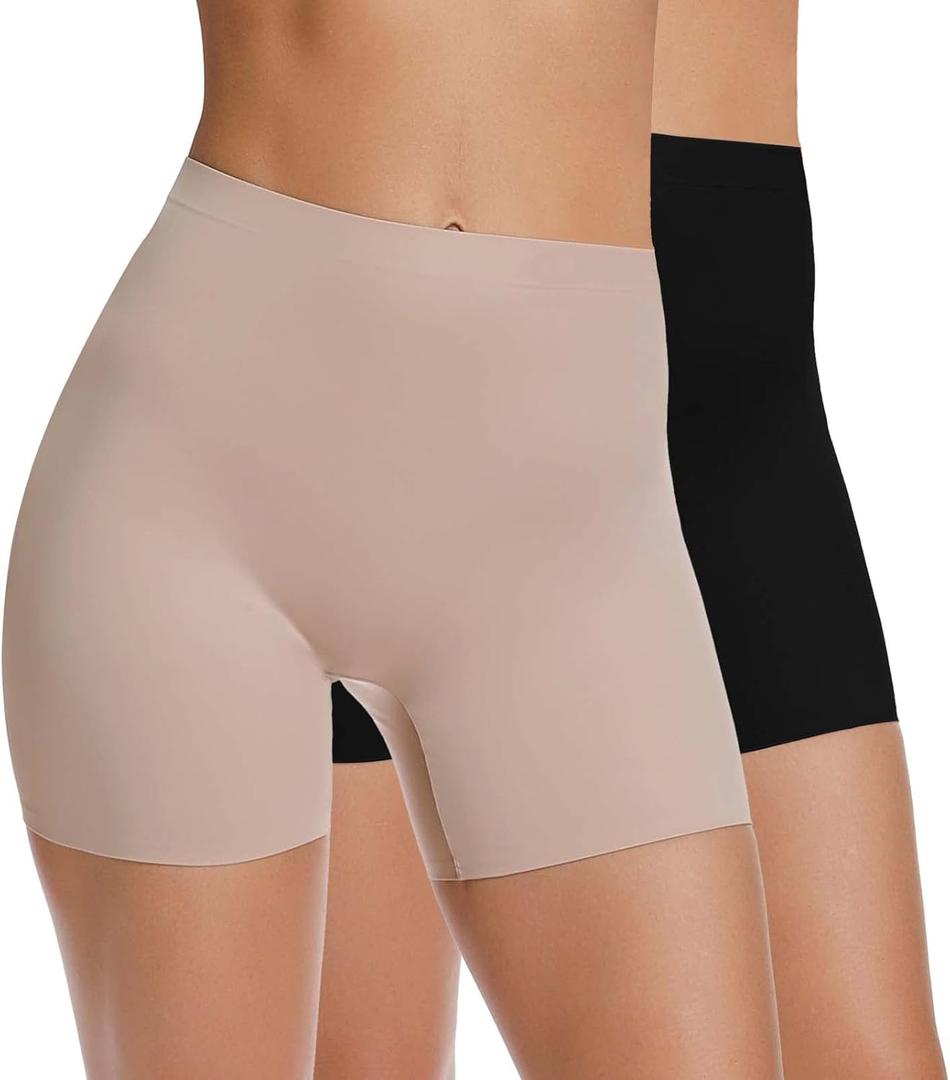 WOWENY Anti Chafing Slip Shorts for Under Dresses Underwear for Women Thigh Bands (Medium, A03-2 Pack-black+beige)