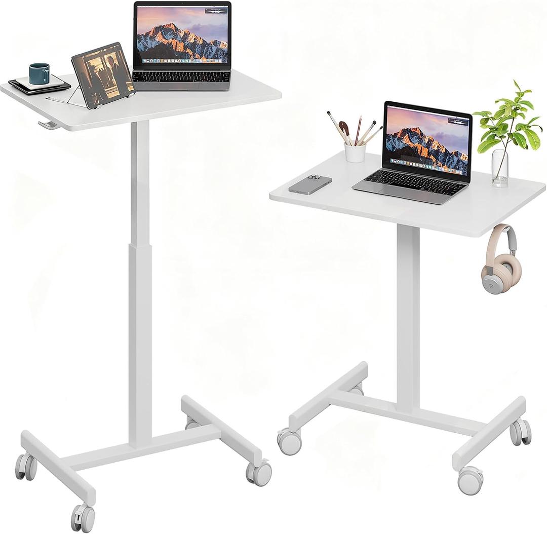 18.9 * 25.6 inch Mobile Standing Desk,T Shaped Pneumatic Adjustable Height Stand Up Desk,with Lockable Wheels,Ergonomic Standing Side Table for Home Office Work Computer Workstation White, 18 26 inches