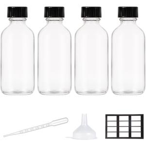 4 Pack, 2 oz Small Clear Glass Bottles with Lid and Funnels - 60ml Boston Shot Bottles With Caps, Immunity, Potion, Wellness, Sample, Ginger, Juice - Mini Personal Care & Beauty Travel Bottle
