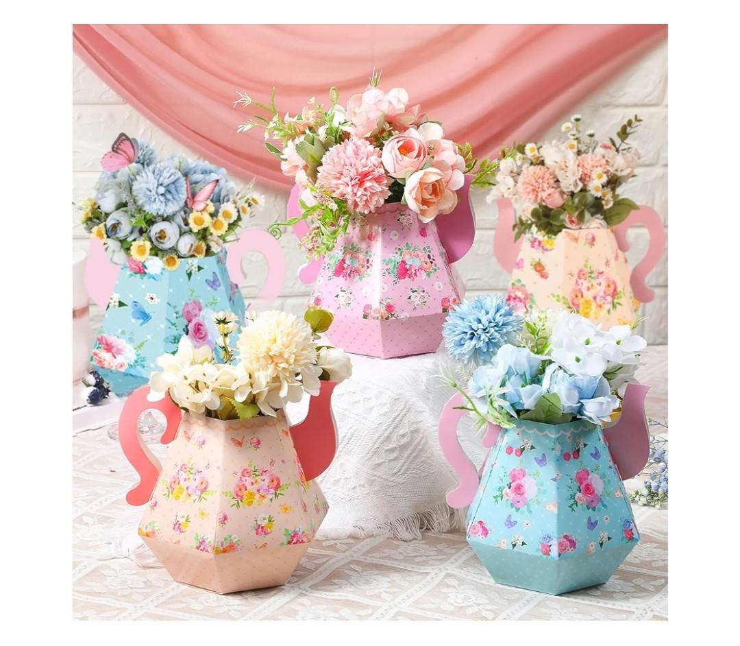 Fulmoon 9 Pcs Tea Party Decorations 6.7'' Flower Box Table Paper Teapot Princess Centerpiece Vase Table Decor Wonderland Fancy Party Decor for Floral Tea Birthday Baby Shower Wedding (Cute)