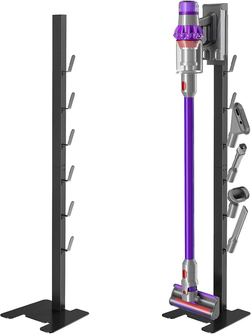 XIGOO Heavy-Duty Dyson Vacuum Stand for Gen5detect V15 V12 V11 V10 V8 V7 V6, Freestanding Vacuum Stand for Dyson Cordless Vacuum, Metal Docking Station with 6 Hooks, No-Drill Organizer, Black