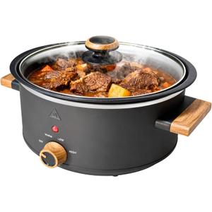 3 Quart Slow Cooker with Aluminum Inner Pot, 3 Temperature Settings, Dishwasher-Safe Removable Pot & Glass Lid, Wood-Grain Handle Design, Compact Electric Cooker for Home Meals, Black