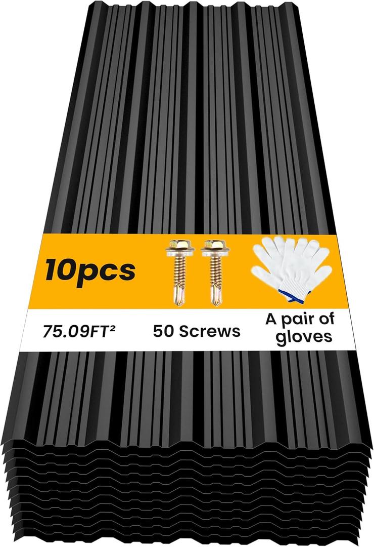 10 Pack Corrugated Metal Roofing Panels 73.23x17.72in, Black, L73.23''-10