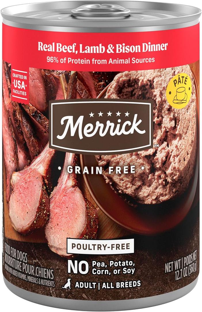 Merrick Grain Free Premium And Natural Canned Dog Food, Soft And Healthy Wet Recipe, Real Beef Lamb And Bison - (Pack of 12) 12.7 oz. Cans (EXP 09/01/27)