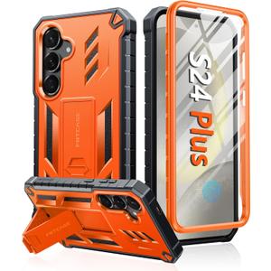 FNTCASE for Samsung Galaxy S24-Plus Case: Military Grade Phone Case with Kickstand | Built-in Screen Protector Protective Rugged Shockproof Durable Drop Proof Phone Cover for Galaxy S24 Plus 5G Orange