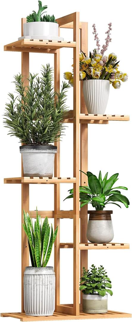 BMOSU Bamboo Plant Stand for Indoor Outdoor Plants Corner Tall Plant Shelf 6 Potted Holder Shelf Plant Rack Holder Display Rack(Natural)