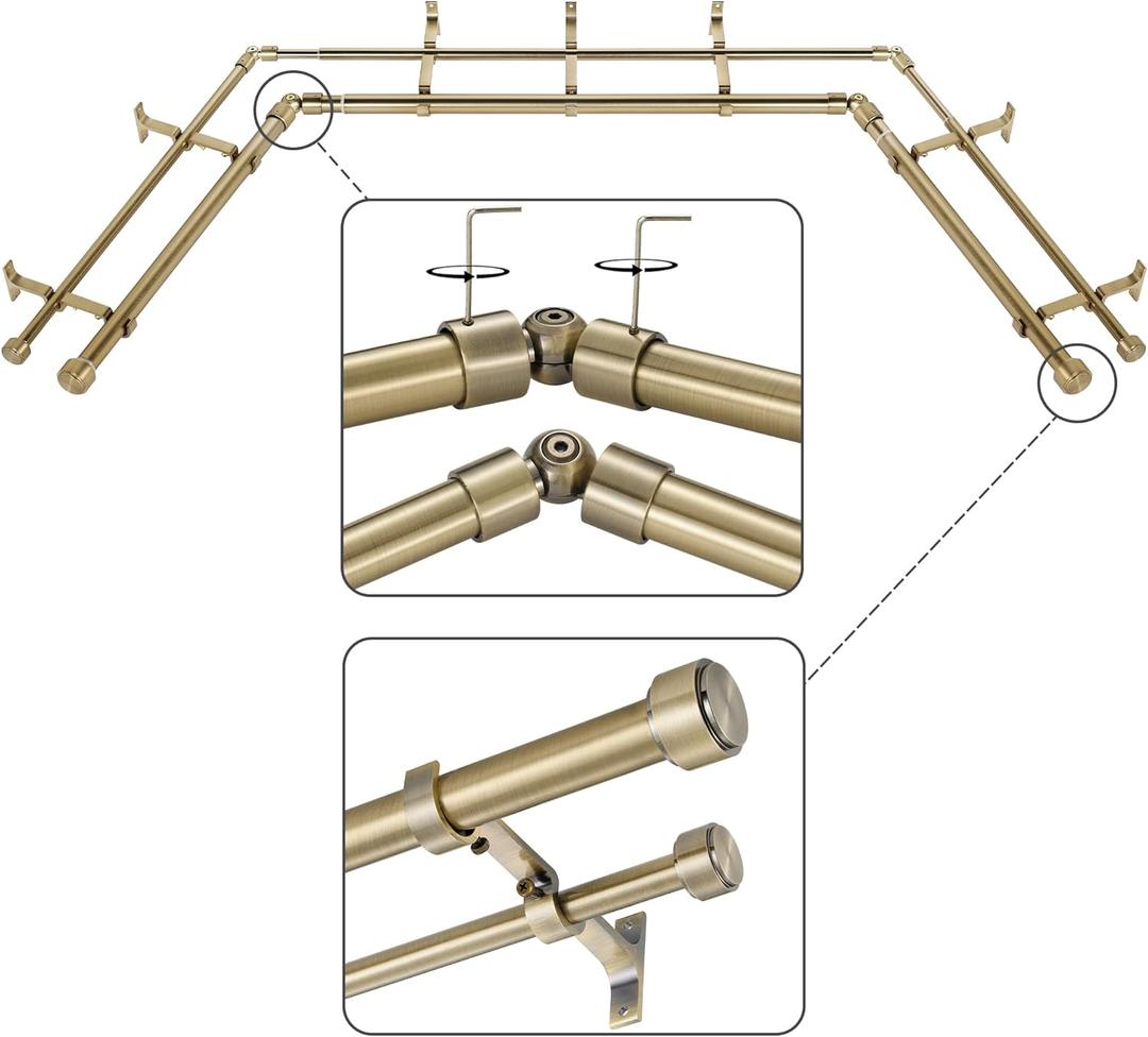 Antique Bronze Double Corner Window Curtain Rods with Aluminum End Cap Finials and Brackets,1 Inch Diameter Dual Bay Window Curtain Rods, Adjustable 2 Sided 20-36" and 36-72" Center Rod