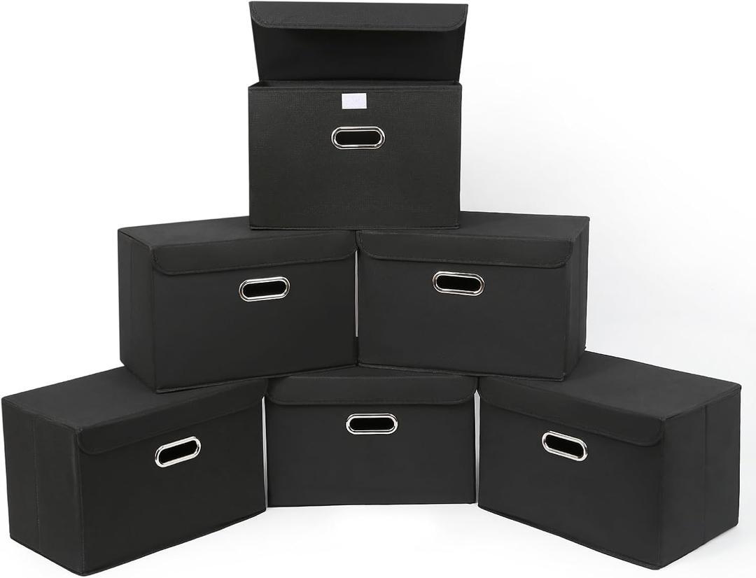 STOREONE Fabric Storage Cube Bins Foldable Organizer Container Collapsible Basket with Lids and Metal Handles, for Home, Bedroom, Closet 6 Pcs (Black)