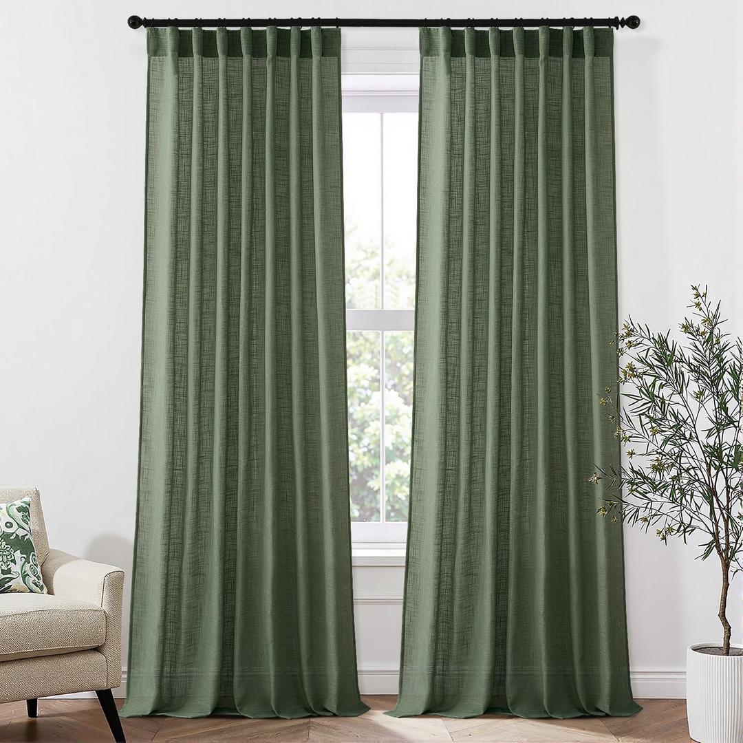 MIULEE Olive Green Linen Curtains 90 Inches Long 2 Panels for Bedroom Living Room, Back Tab & Pleat Tape with Hooks Soft Thick Linen Textured Window Drapes Semi Sheer Light Filtering Burlap Look Decor (Loden)