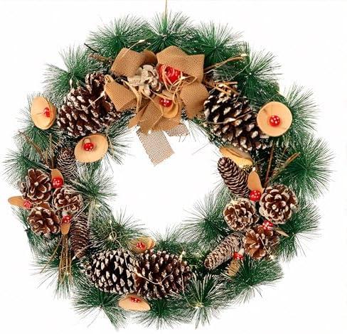 20 Inch Christmas Wreath - Christmas Front Door Wreath Ornament with LED Lights Pinecone Berries Artificial Pine Garland for Party Table Fireplaces Porch Walls New Years Home Decor