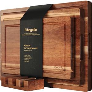 Acacia Wood Cutting Boards for Kitchen(Set of 3),Wooden Chopping Boards Set with Juice Groove, Large Serving Board with Holder,Butcher Block for Meat,Vegetables,Fruit (Brown)