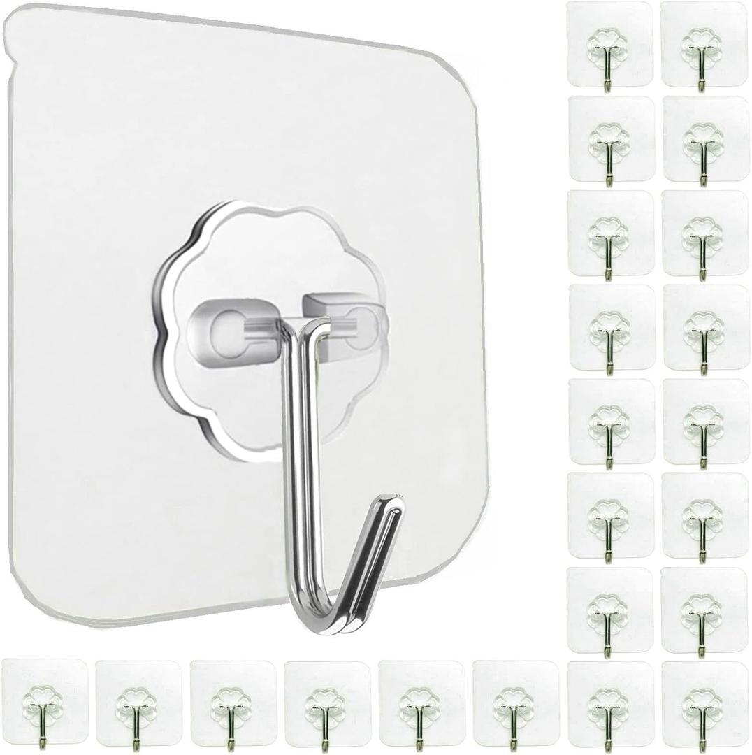 Jwxstore 24 Pack Self Adhesive Hooks Heavy Duty - 33lb Max, Transparent, Waterproof, Sticky Wall Hooks for Keys, Bathroom, Shower, Outdoor, Kitchen, Door, Home Improvement, Utility Hooks