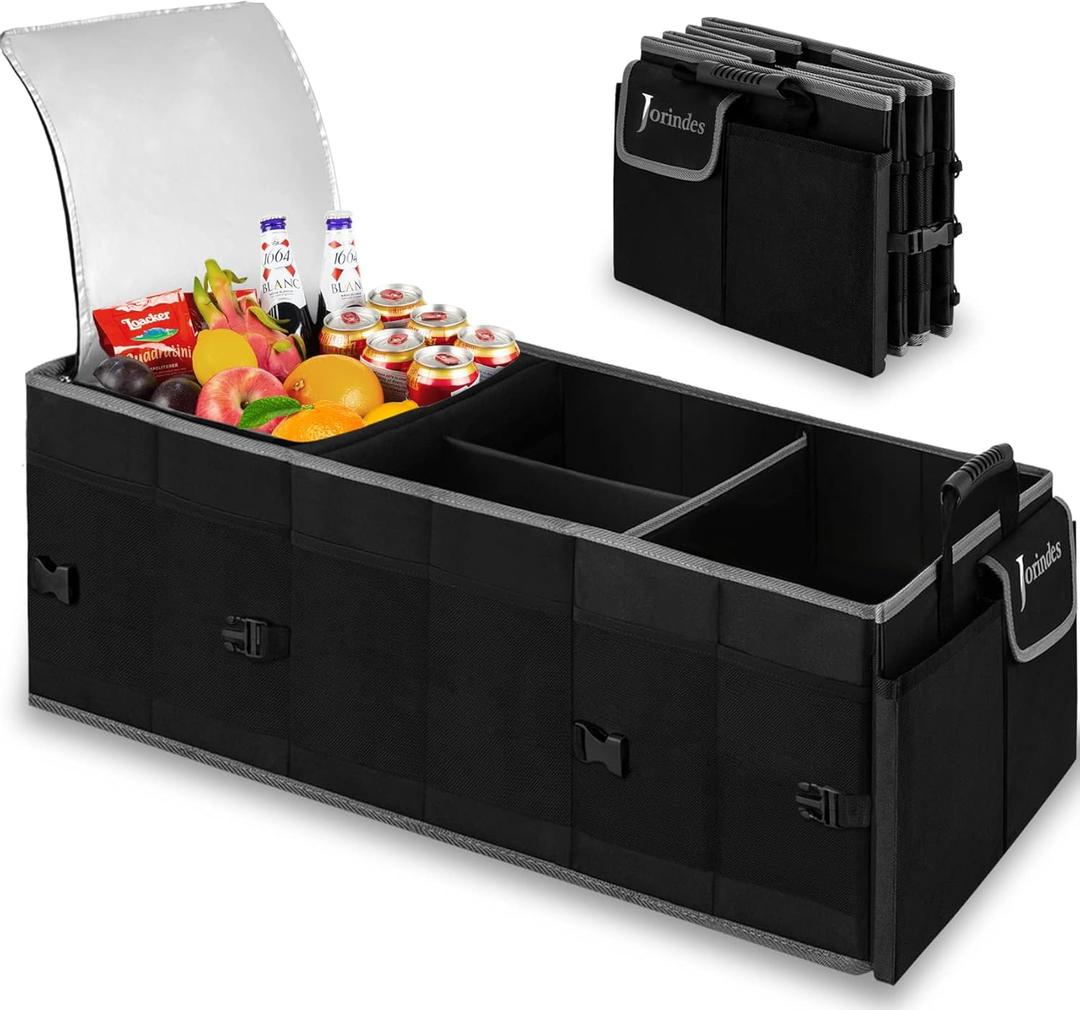 Trunk Organizer With Built-In Insulated Leak Proof Cooler Bag,Collapsible Cargo Organizer For Suv With Non Slip Bottom Strips,3 Large Compartments Foldable Waterproof Portable Car Storage Box