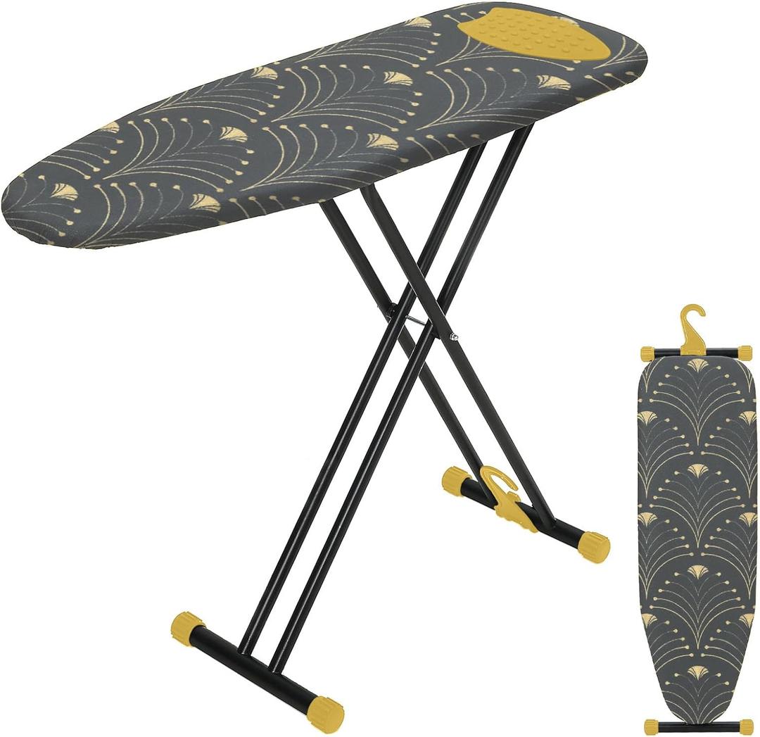 Ironing Board 43x13, RAINHOL Full Size Iron Board with Thick Padded Cover, Adjustable Height, Foldable Ironing Table with Hanger, Black Gold Pattern