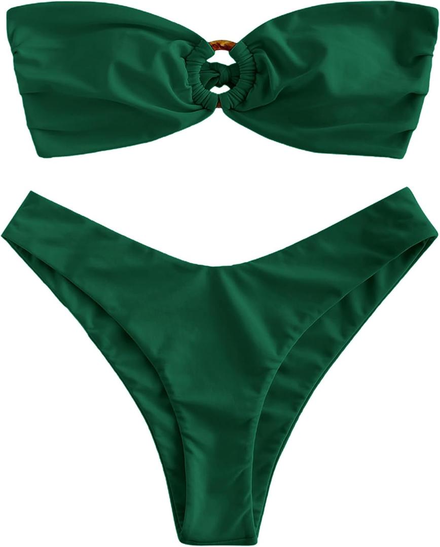 ZAFUL Women's Bandeau Bikini O Ring Strapless Tie Back High Cut Two Piece Swimsuit Bathing Suits (1-Dark Green, M)