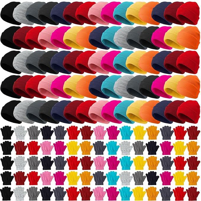 Toulite 100 Pcs Kids Winter Hats and Gloves Sets Bulk Beanie Gloves for Children School Donation Wholesale (Light Colors)