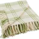 DII Modern Farmhouse Plaid Collection Cotton Fringe Throw Blanket, 50x60, White/Antique Green