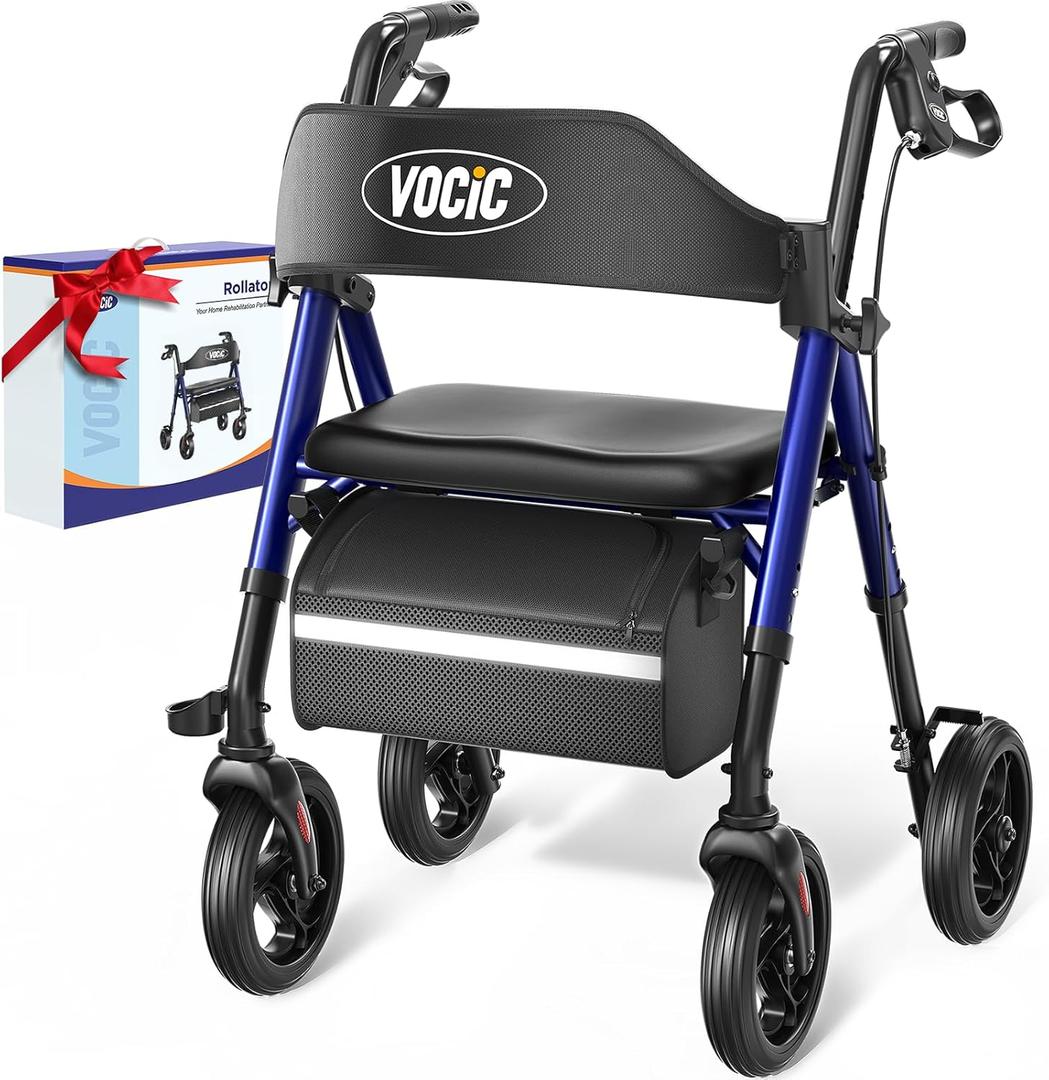 Walkers for Seniors,Foldable Walker with Seat,Rollator Walker with Durable Aluminum,8" Big Wheels for All Terrain, Ergonomic Seat and Backrest,Dual Adjustable Height Rolling Walker| Pashion Blue