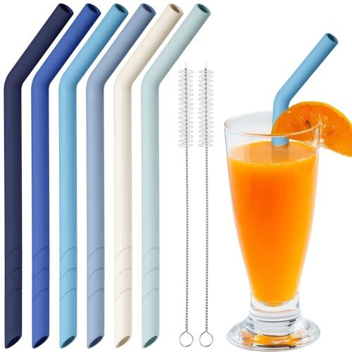NiHome 6PCS Extra Wide Reusable Bent Silicone Straws for Boba, Smoothies, Bubble Tea, Bent Straws for Thick Drinks, Child-Safe, Customizable Length, 2 Brushes Easy Cleaning (Ocean Colors)